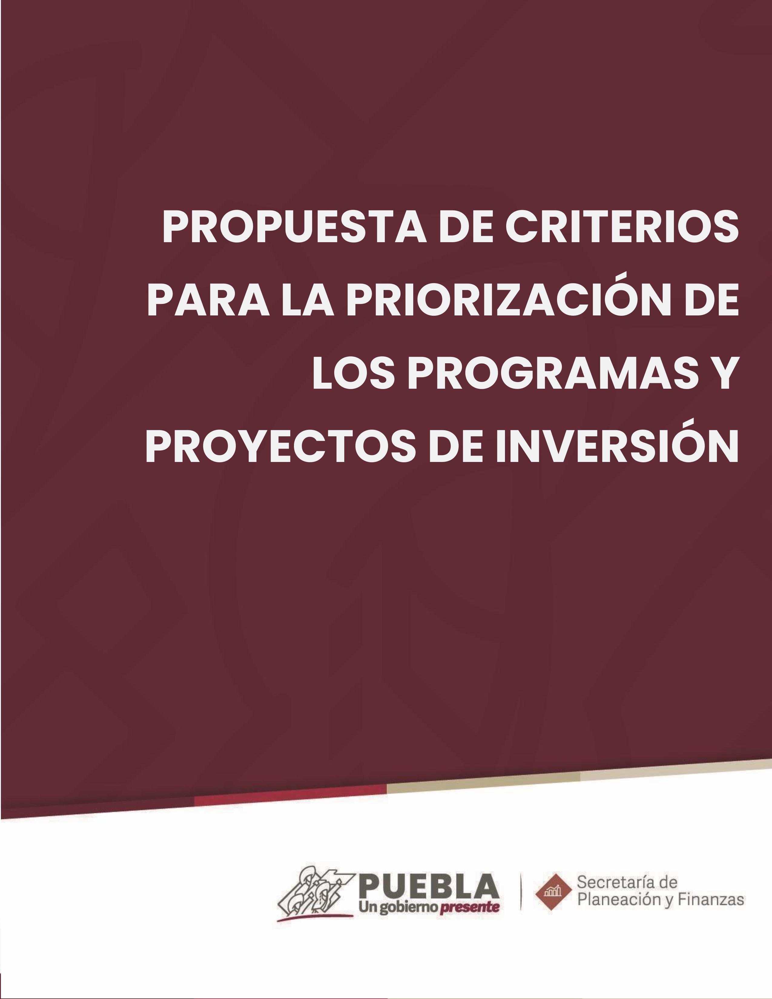 Portada de Propuesta de Criterios para la Priorización de los Programas y Proyectos de Inversión