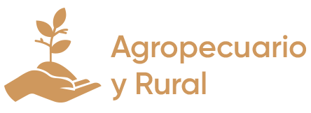 Imagotipo en dorado con texto Agropecuario y Rural con figura de dos manos conteniendo una planta