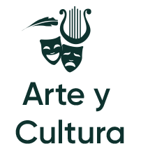 Imagotipo en verde con texto Arte y Cultura con figuras de máscaras teatrales, un arpa y una pluma