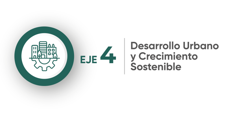 Imagotipo en verde del Eje 4 con nombre Desarrollo Urbano y Crecimiento Sostenible