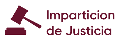 Imagotipo en guinda con texto Impartición de Justicia con figura de un mazo de juez