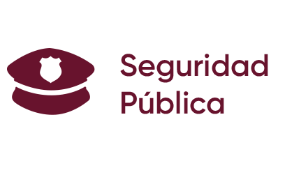 Imagotipo en guinda con texto Seguridad Pública con figura de un gorro de policía