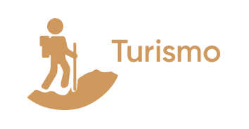 Imagotipo en dorado con texto Turismo con figura de una persona haciendo senderismo